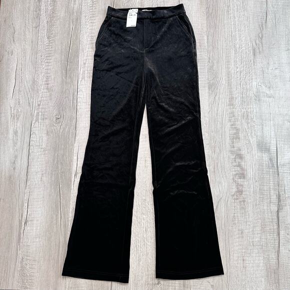 Good American Velour Pants Flare Legs WMNS 1 Black Velvet High Waisted Slimming - Picture 3 of 12